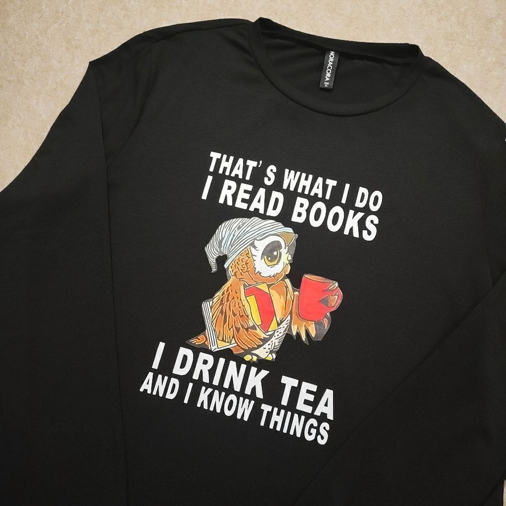 Noracora Black Graphic Owl Books Tea Long Sleeve Shirt #5